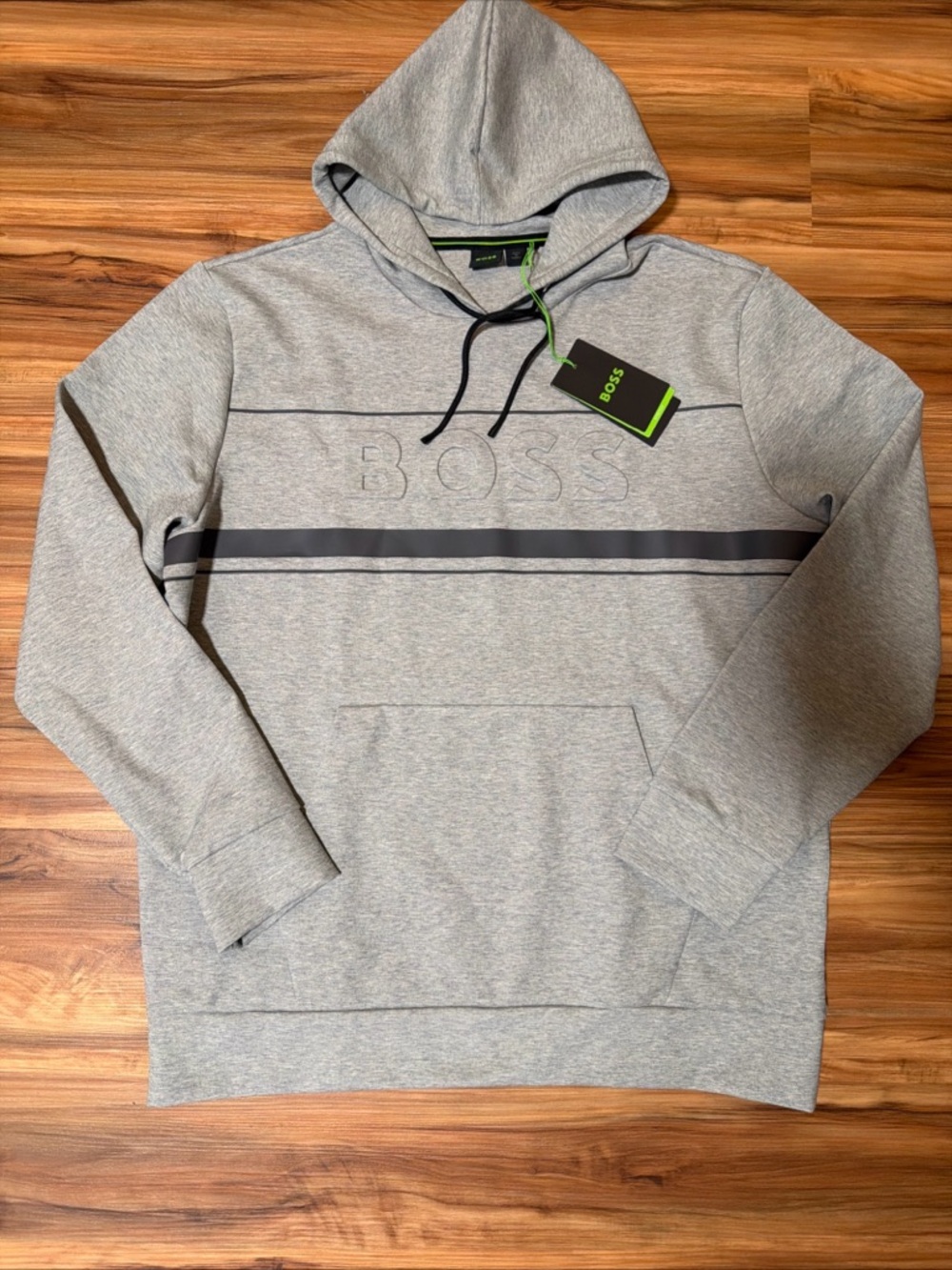 BOSS Men's Heather Gray Pullover Hoodie with Black Stripe Detail